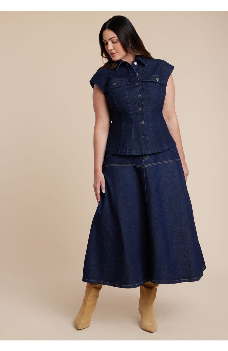 ELOQUII Structured Denim Vest, Alternate, color, Dark Wash