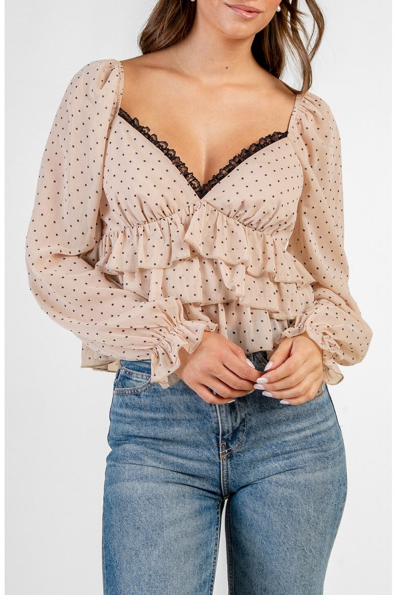 Polka Dot Ruffle Chiffon Long Sleeve Top, Alternate, color, TAUPE