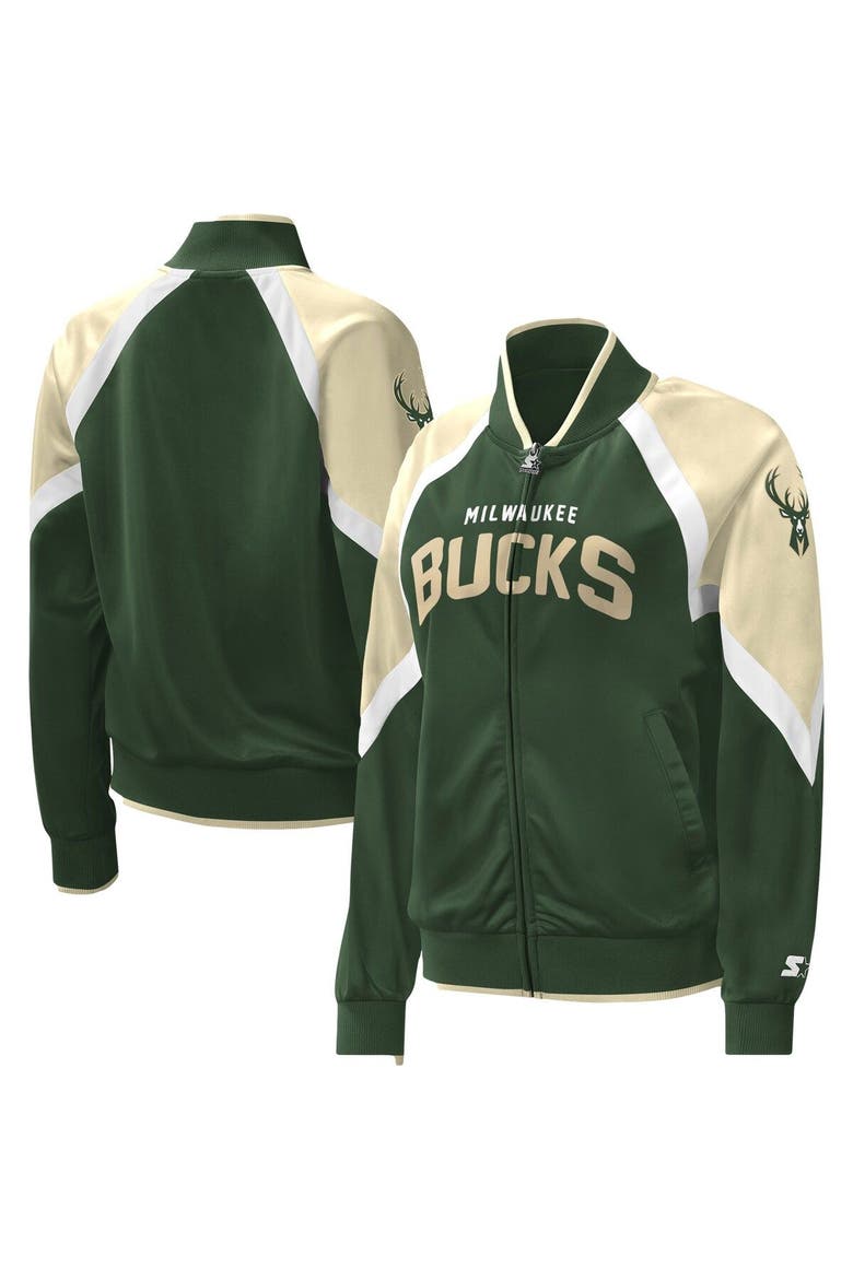 Women's Starter Hunter Green Milwaukee Bucks Slam Dunk Raglan Full-Zip Track Jacket, Main, color, Hunter Green