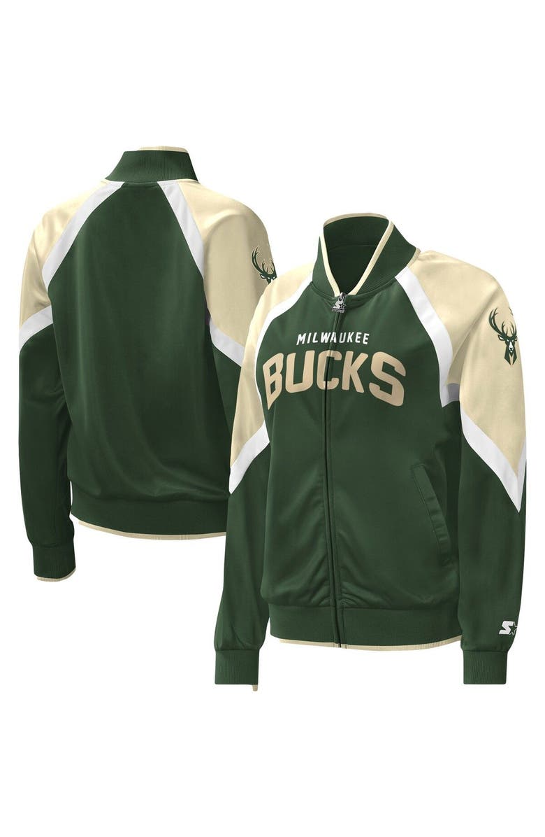 STARTER Women's Starter Hunter Green Milwaukee Bucks Slam Dunk Raglan Full-Zip Track Jacket, Main, color, Hunter Green