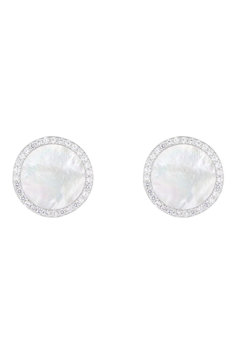 Mother-of-Pearl & CZ Round Stud Earrings, Main, color, WHITE