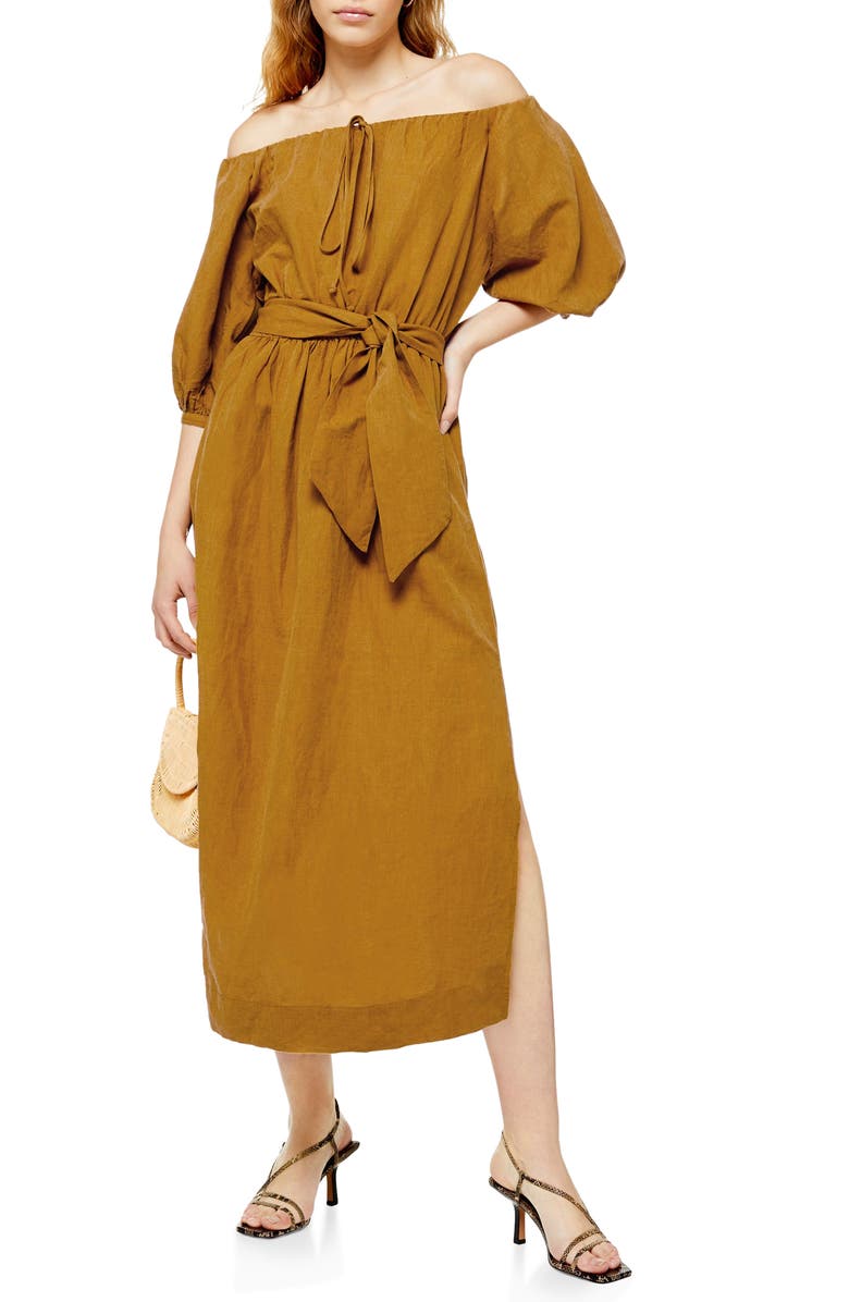 Topshop Off the Shoulder Linen Blend Midi Dress, Main, color,