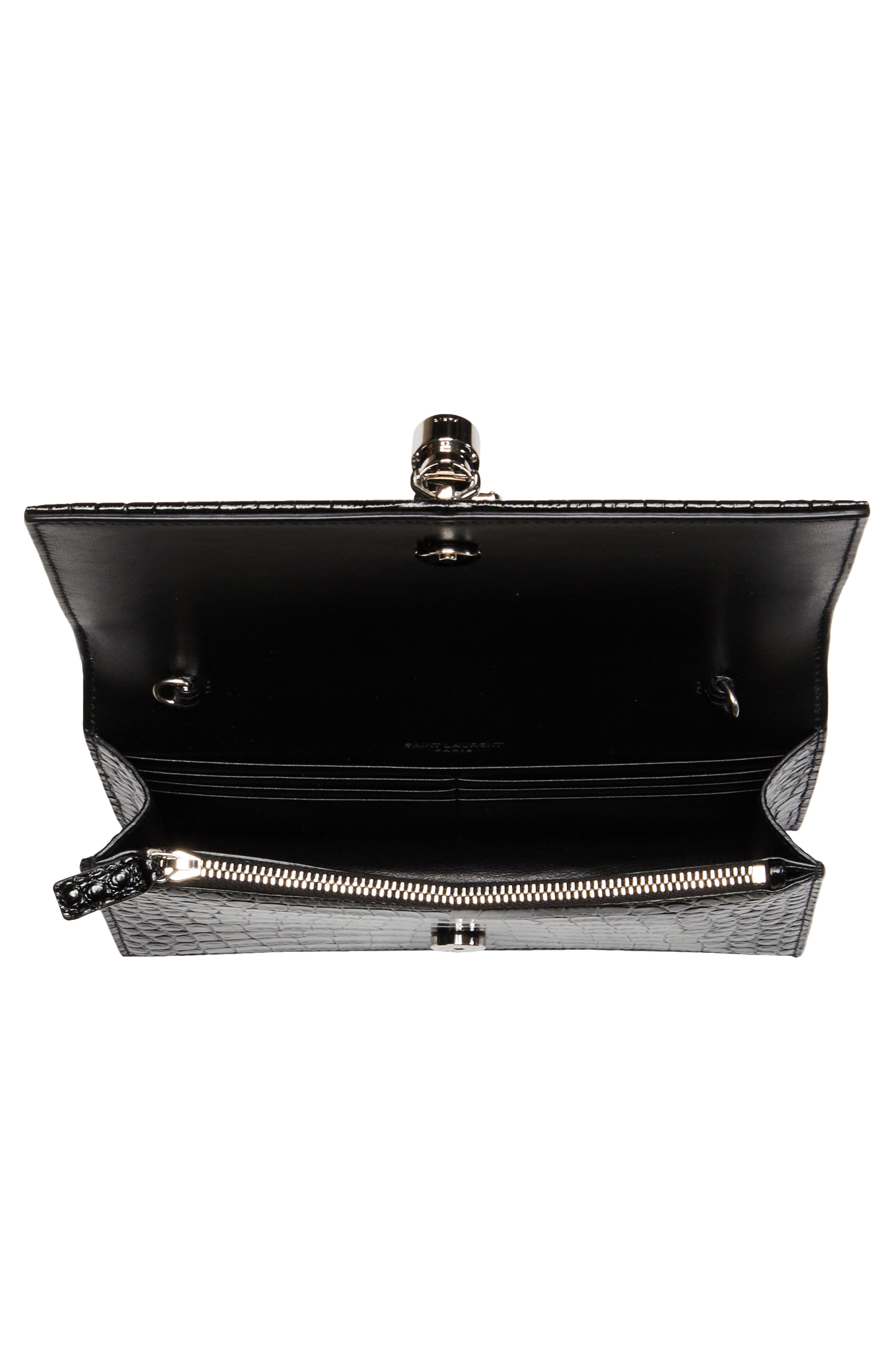 Kate Croc Embossed Leather Wallet on a Chain, Alternate, color, NERO