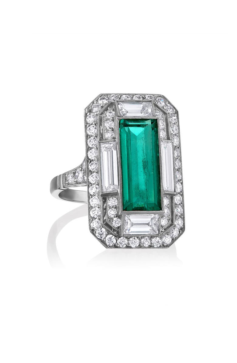 Mindi Mond Art Deco Engraved Colombian Emerald & Diamond Ring, Main, color, Platinum/ Diamond/ Emerald
