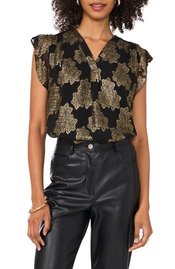 Vince Camuto Metallic Floral Flutter Sleeve Top