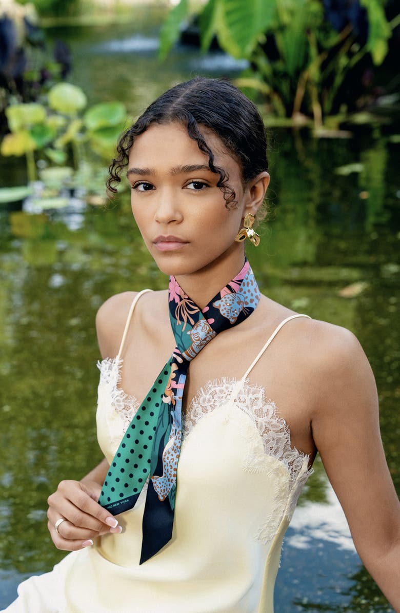 Jessie Zhao New York Silk Skinny Scarf Night Jungle Gathering, Alternate, color, Green