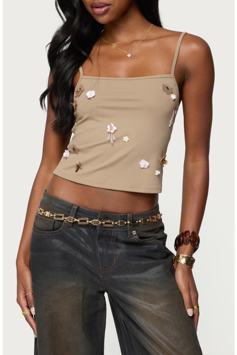 Malia Floral Appliqué Camisole, Main, color, BROWN