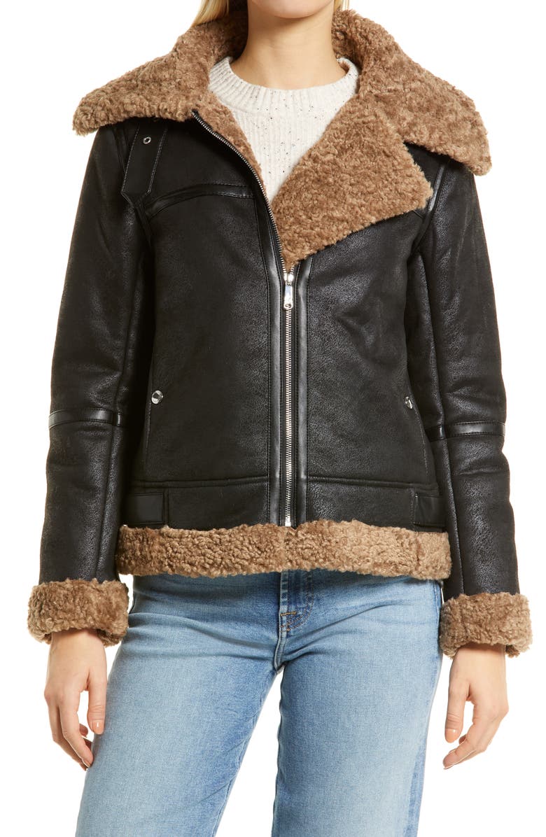 Sam Edelman Short Faux Shearling Trim Aviator Jacket, Alternate, color,