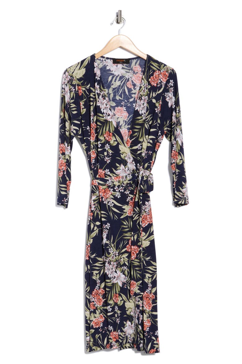 Floral Long Sleeve Jersey Wrap Dress, Alternate, color, NAVY