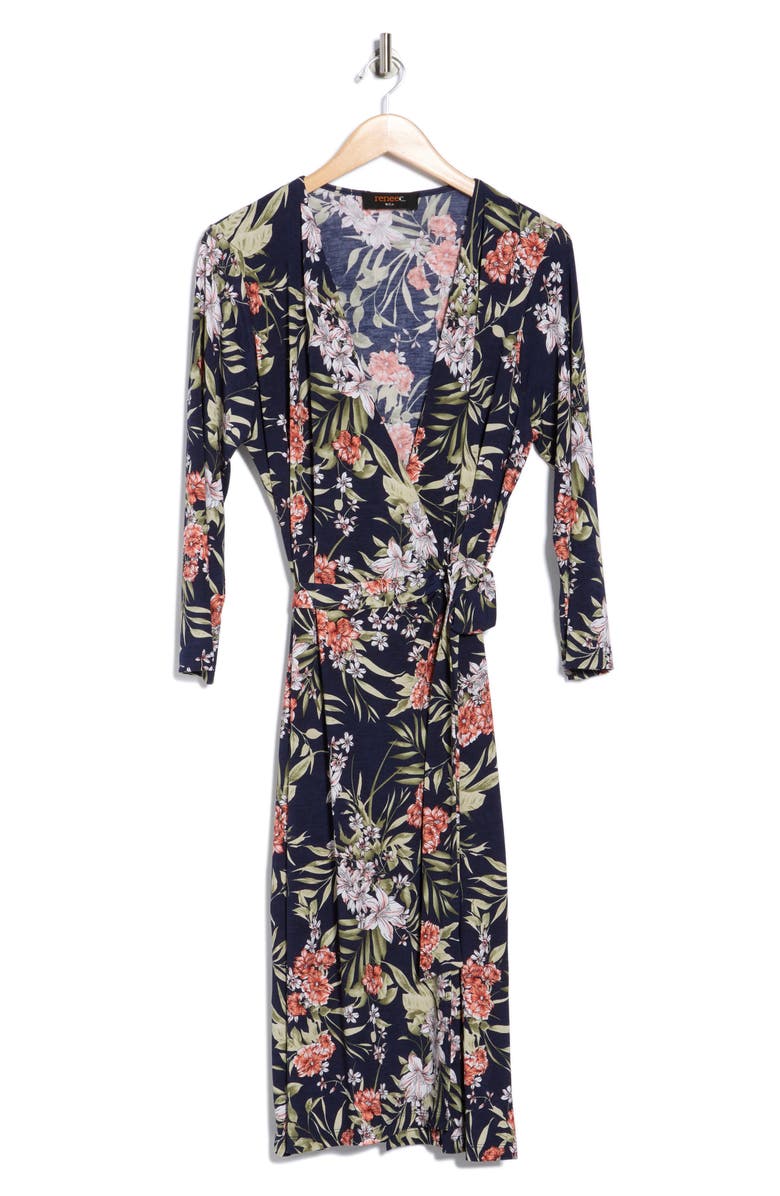 Renee C Floral Long Sleeve Jersey Wrap Dress, Alternate, color, Navy