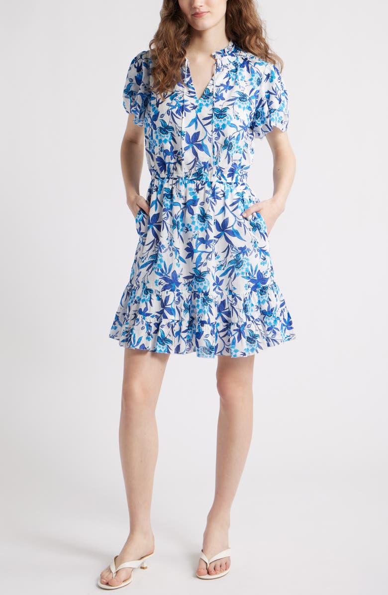 Caslon<sup>®</sup> Floral Tiered Dress, Main, color, Ivory- Blue Willoughby Floral