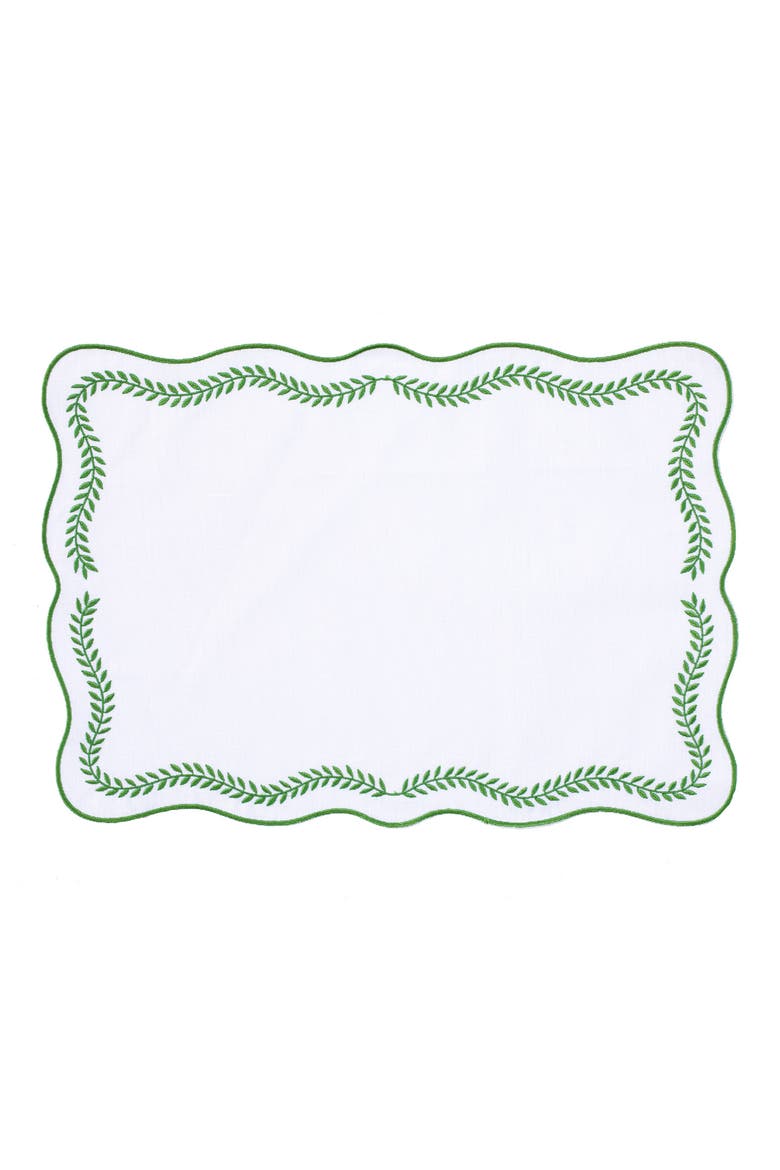 Tessuti Set of 4 Rectangular White Linen Placemats with Green Ivy Embroidery, Main, color, GREEN