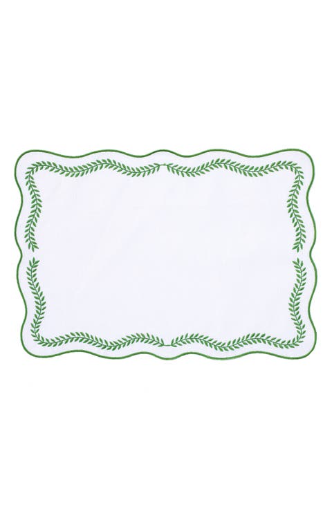 Tessuti Set of 4 Rectangular White Linen Placemats with Green Ivy Embroidery