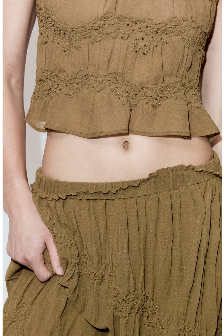 Beaded Shirred Mid Rise Tiered Maxi Skirt, Alternate, color, BROWN