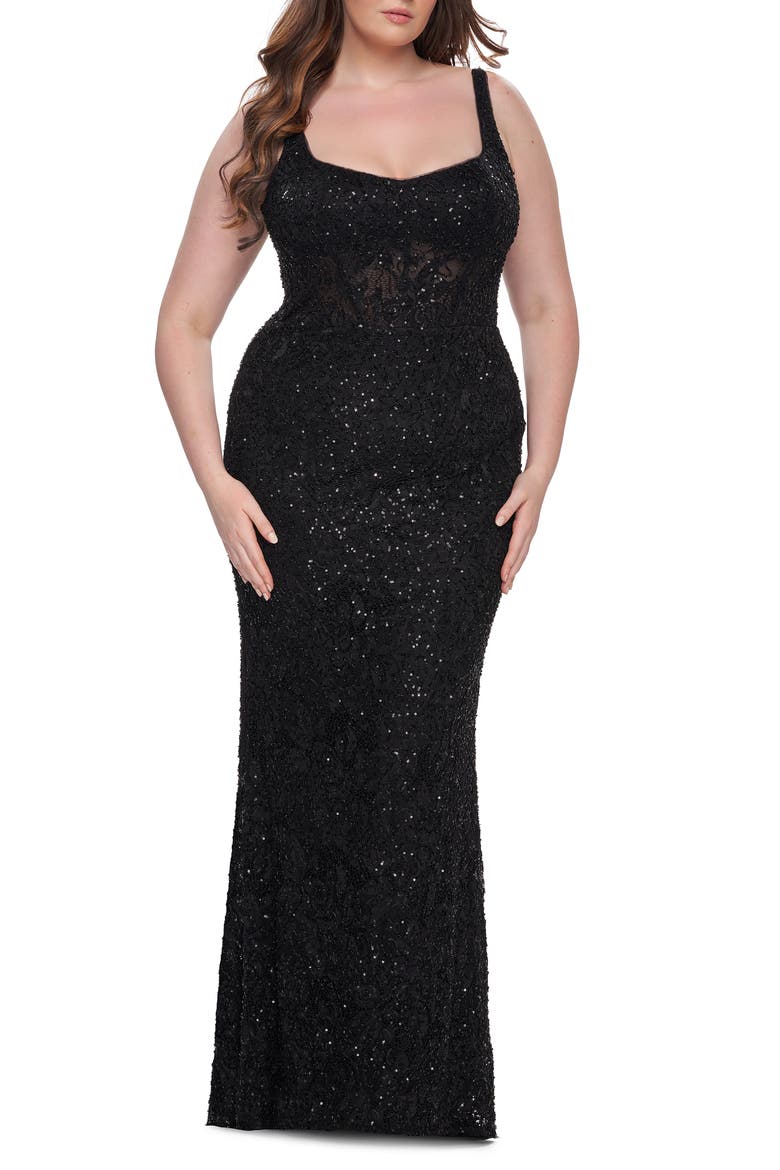 Fitted Beaded Lace Plus Size Prom Dress with Illusion Waist, Main, color, Black