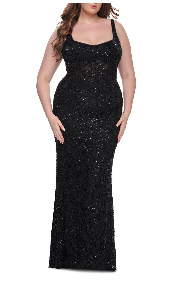 La Femme Fitted Beaded Lace Plus Size Prom Dress with Illusion Waist, Main, color, Black
