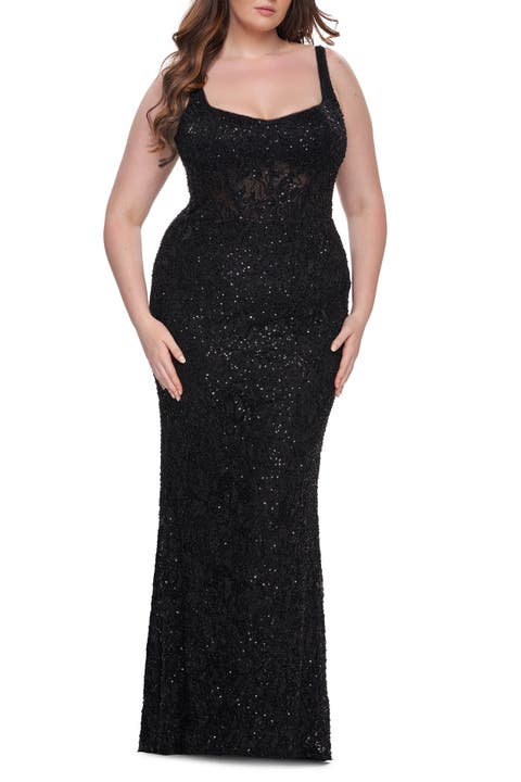 Fitted Beaded Lace Plus Size Prom Dress with Illusion Waist