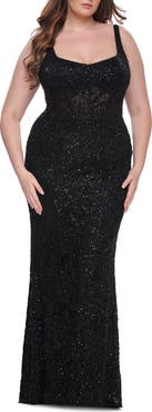 La Femme Fitted Beaded Lace Plus Size Prom Dress with Illusion Waist