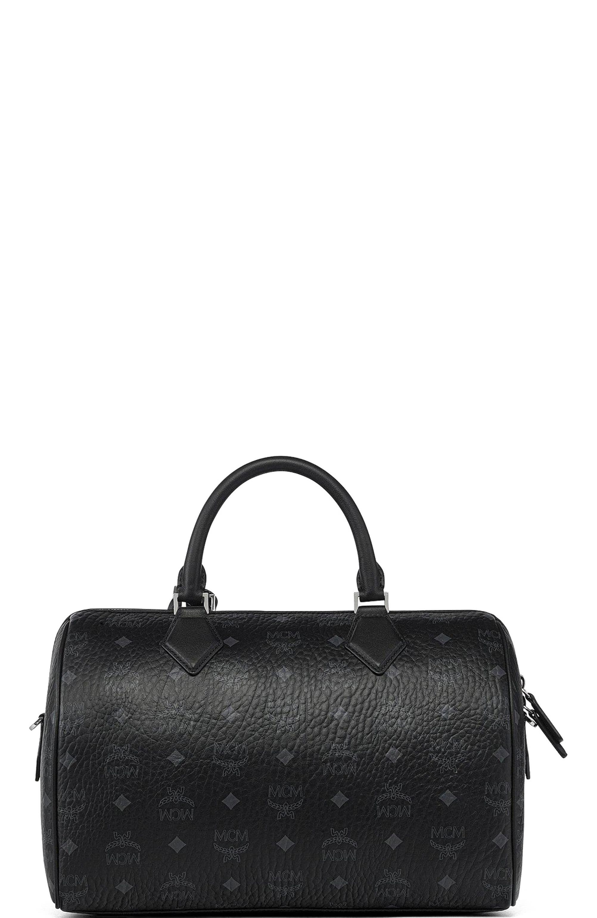 MCM Medium Ella Boston Bag in Visetos, Alternate, color, Black