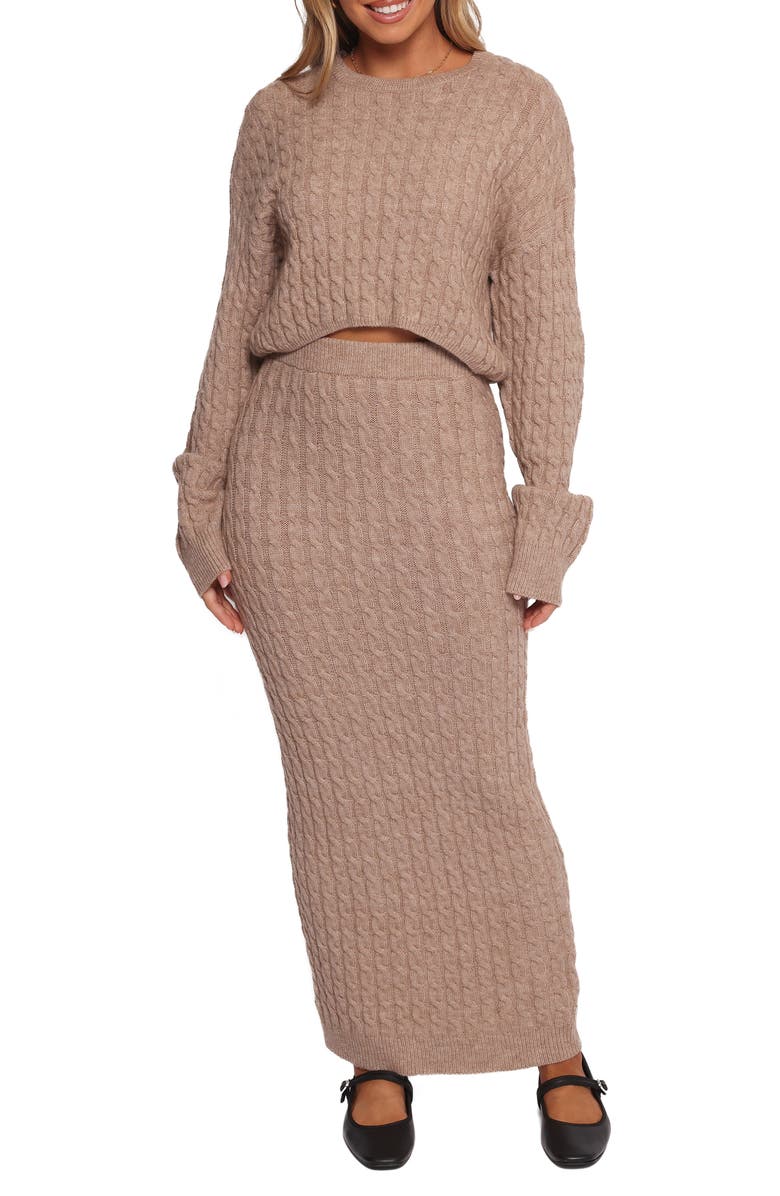 Petal & Pup Reid Cable Knit Crop Sweater & Maxi Skirt Set, Main, color, Taupe