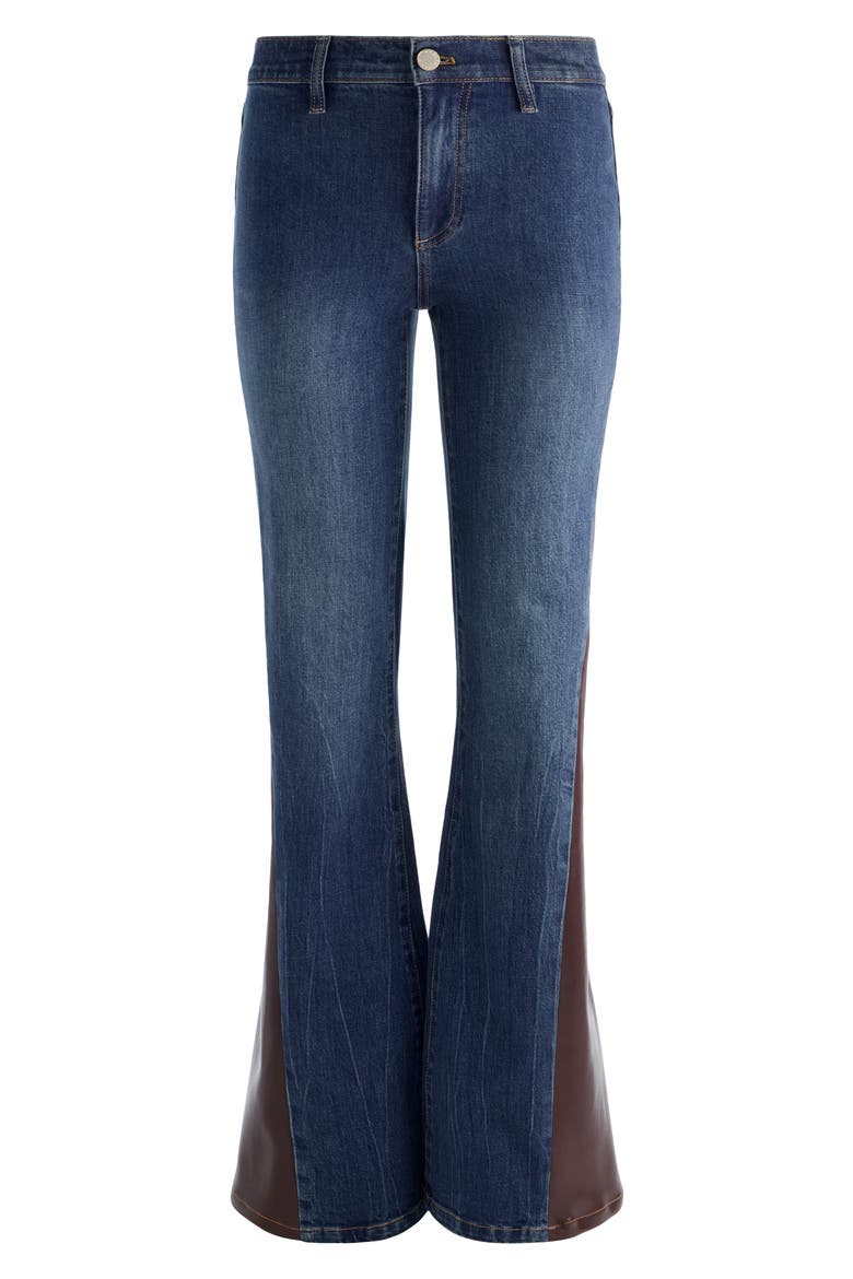 Faux Leather Godet High Waist Flare Jeans, Alternate, color, GEORGETTE BLUE/ DARK CHOCOLATE