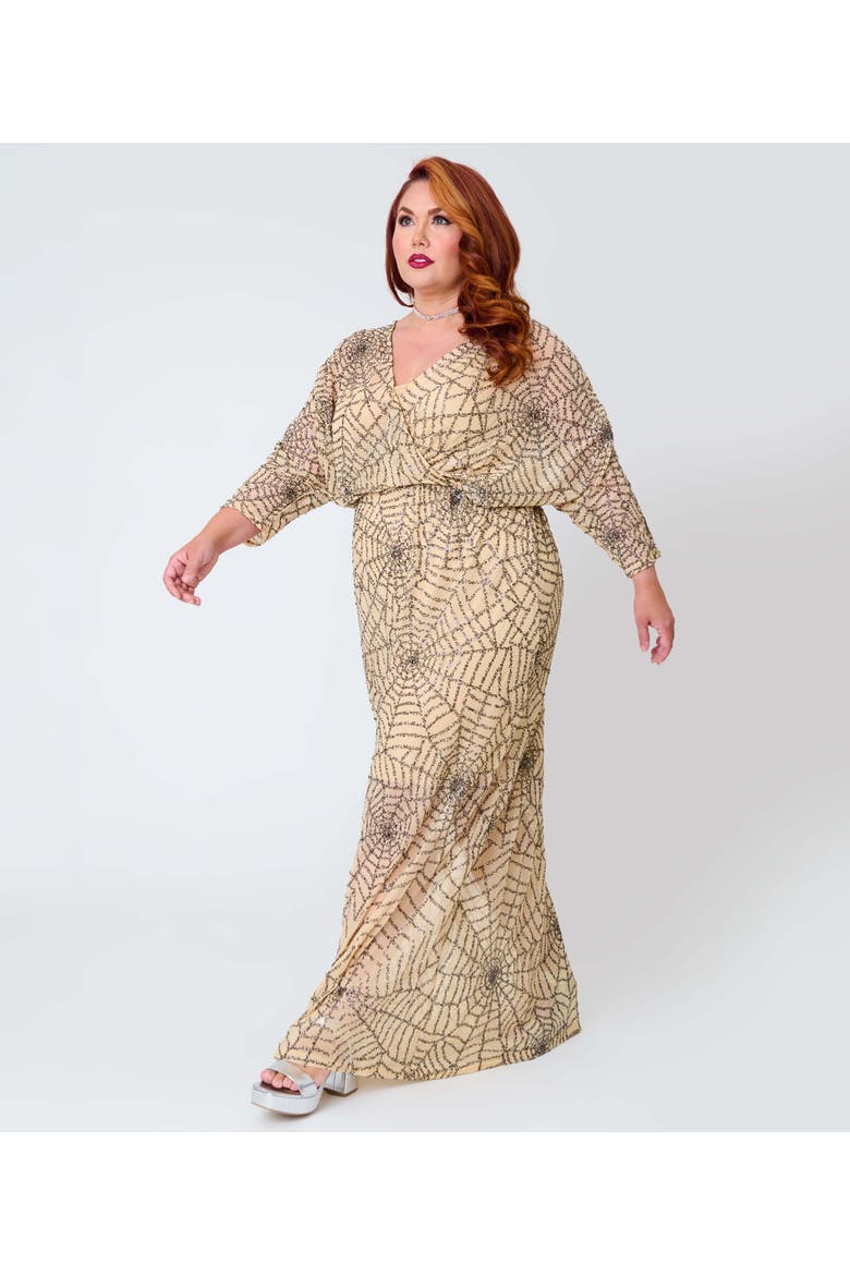 Plus Size Sequin Faux Wrap Maxi Dress, Alternate, color, Beige Spider Web Print