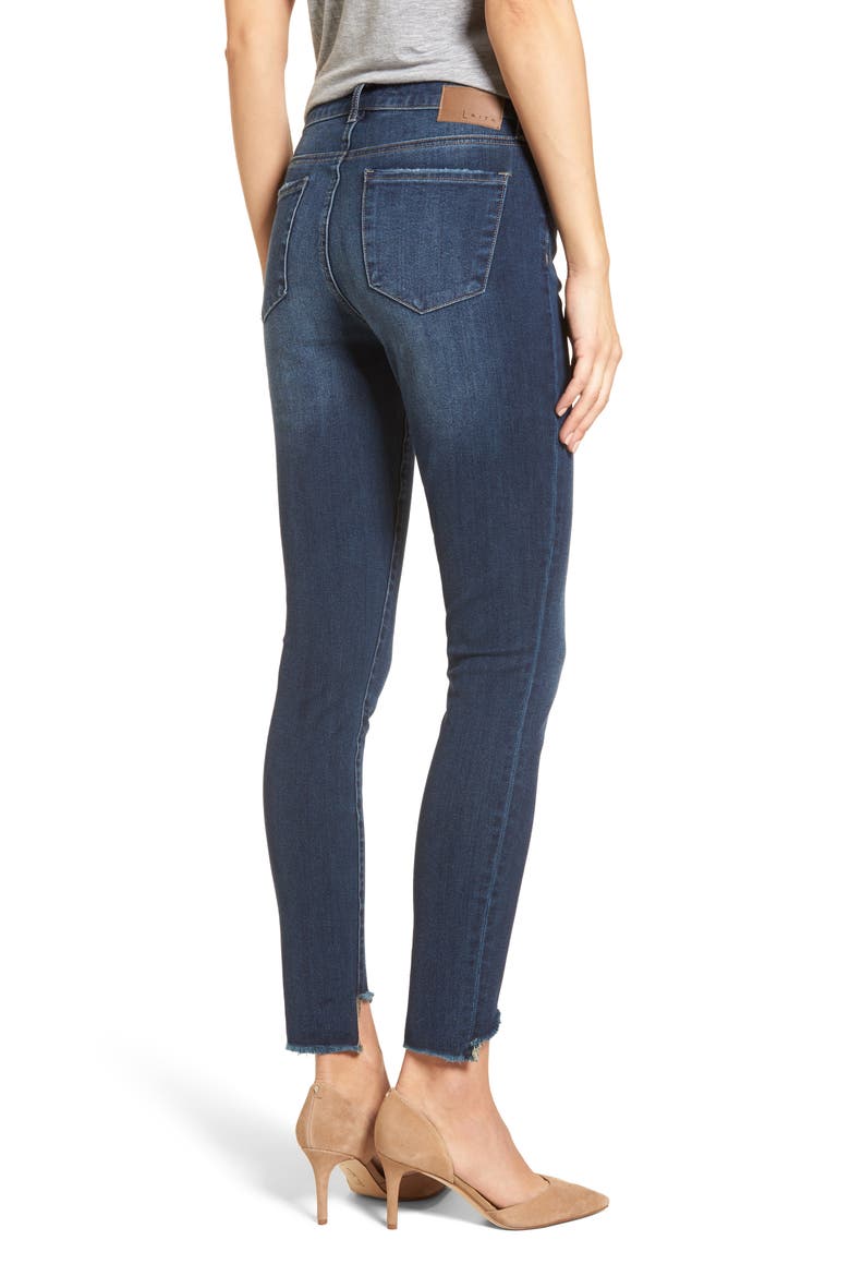 Diagonal Ripped Step Skinny Jeans, Alternate, color, DARK WASH