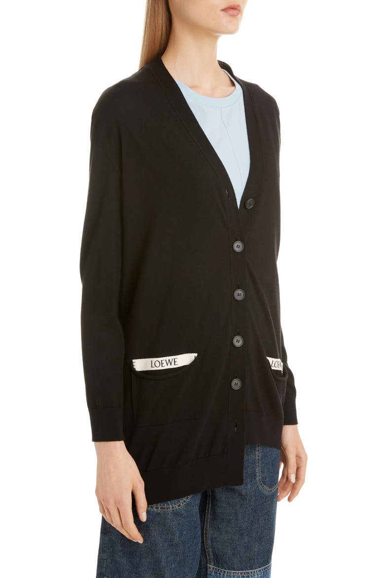 Logo Pocket Asymmetrical Wool Cardigan, Alternate, color, BLACK