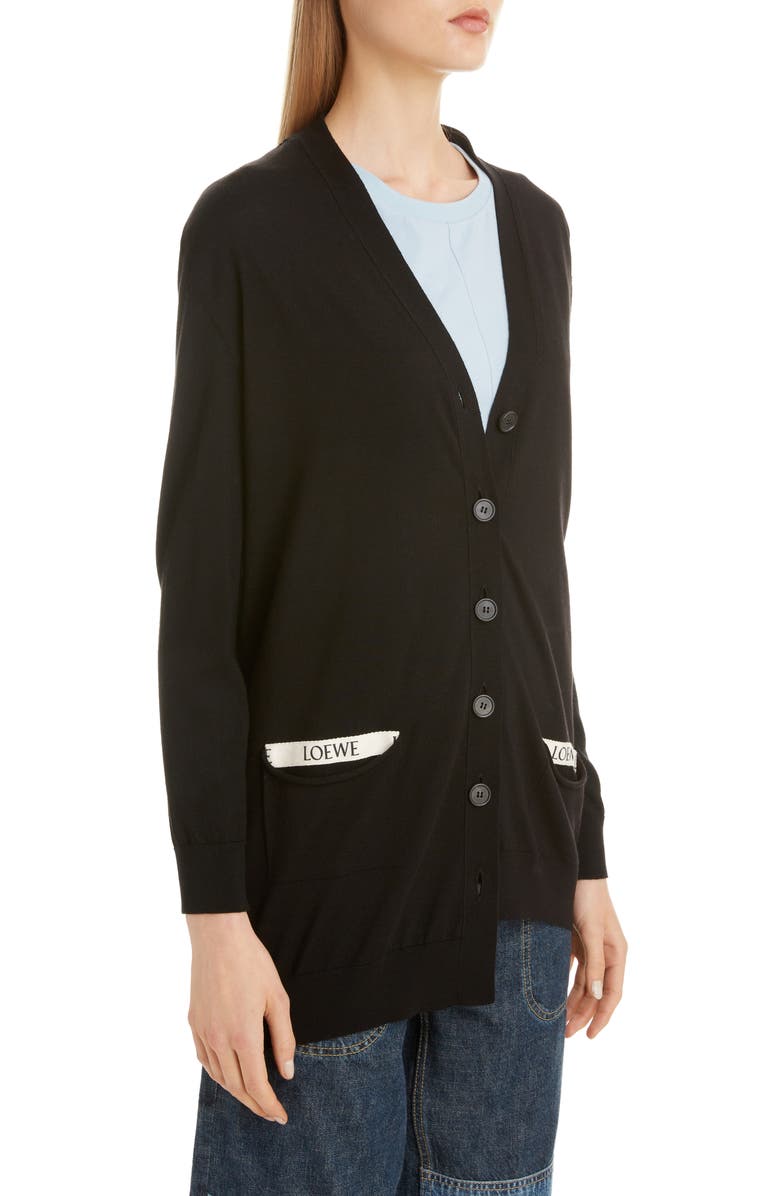 Loewe Logo Pocket Asymmetrical Wool Cardigan, Alternate, color, 