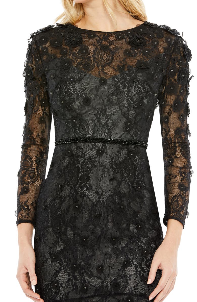 Floral Appliqué Long Sleeve Cocktail Dress