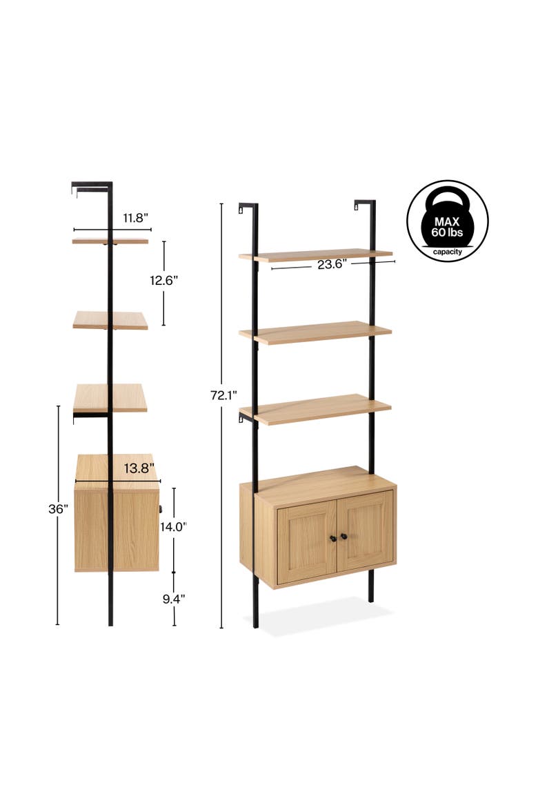 Tulare MidCentury Industrial 4-Shelf Wood Wall-Mounted Open Ladder Bookcase with Cabinet and Metal Frame, Alternate, color, Light Oak/Black