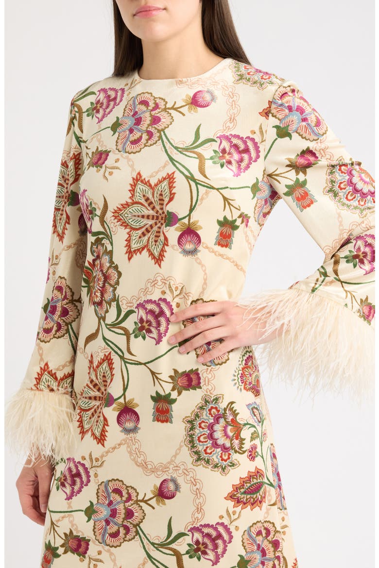 Feather Cuff A-Line Dress, Alternate, color, CREAM MULTI