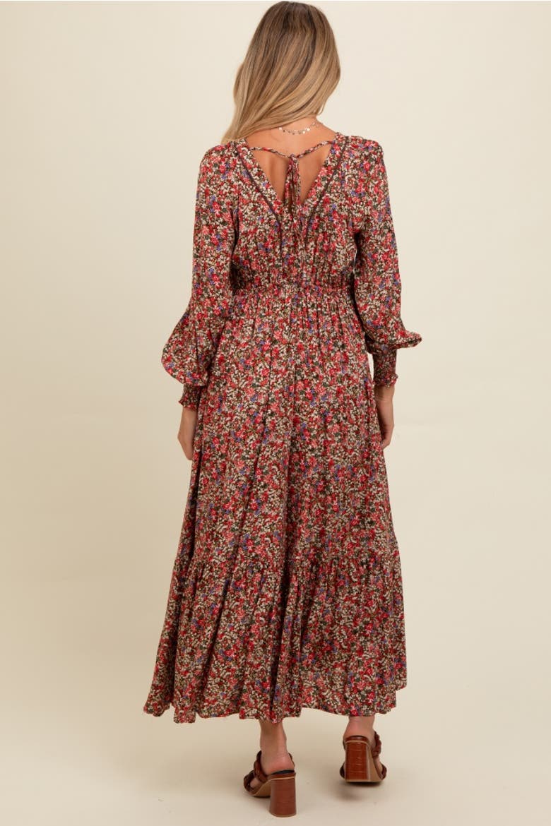 Floral V-Neck Bubble Sleeve Maxi Dress, Alternate, color, Mocha