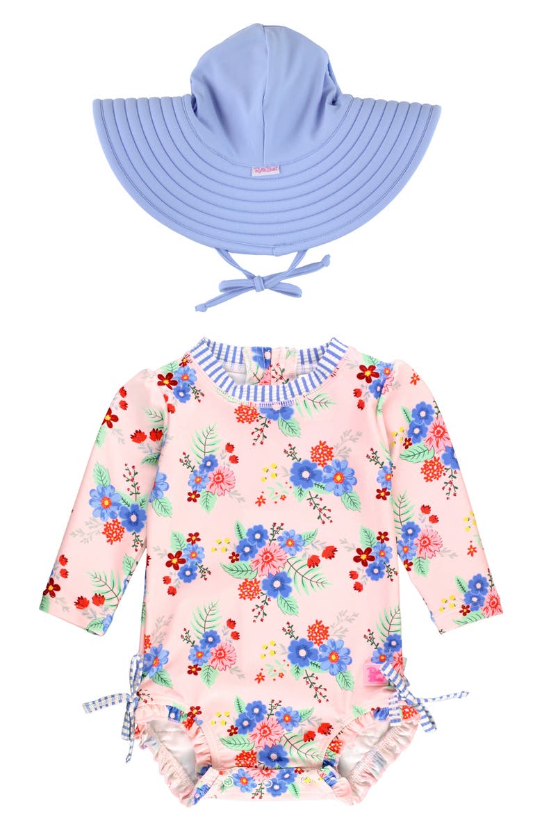 RuffleButts Kids' One-Piece Rashguard Swimsuit & Hat Set, Main, color,