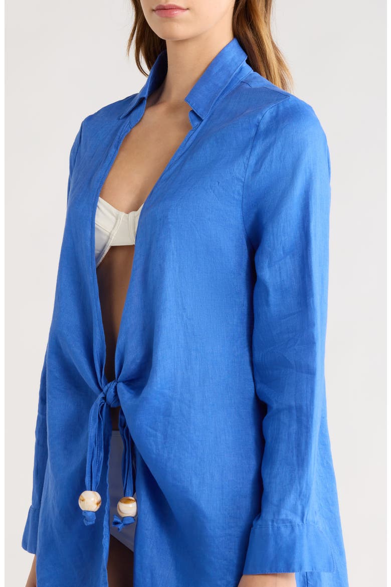 Tie Front Long Sleeve Linen Cover-Up, Alternate, color, SAPPHIRE BLUE
