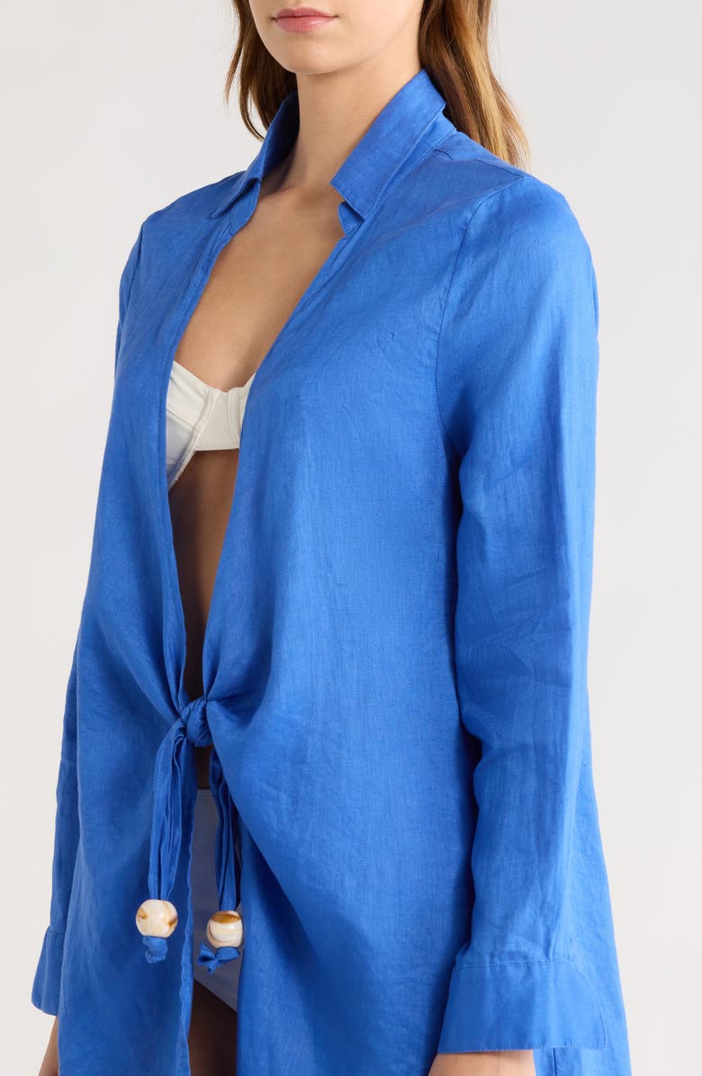 Elan Tie Front Long Sleeve Linen Cover-Up, Alternate, color, Sapphire Blue