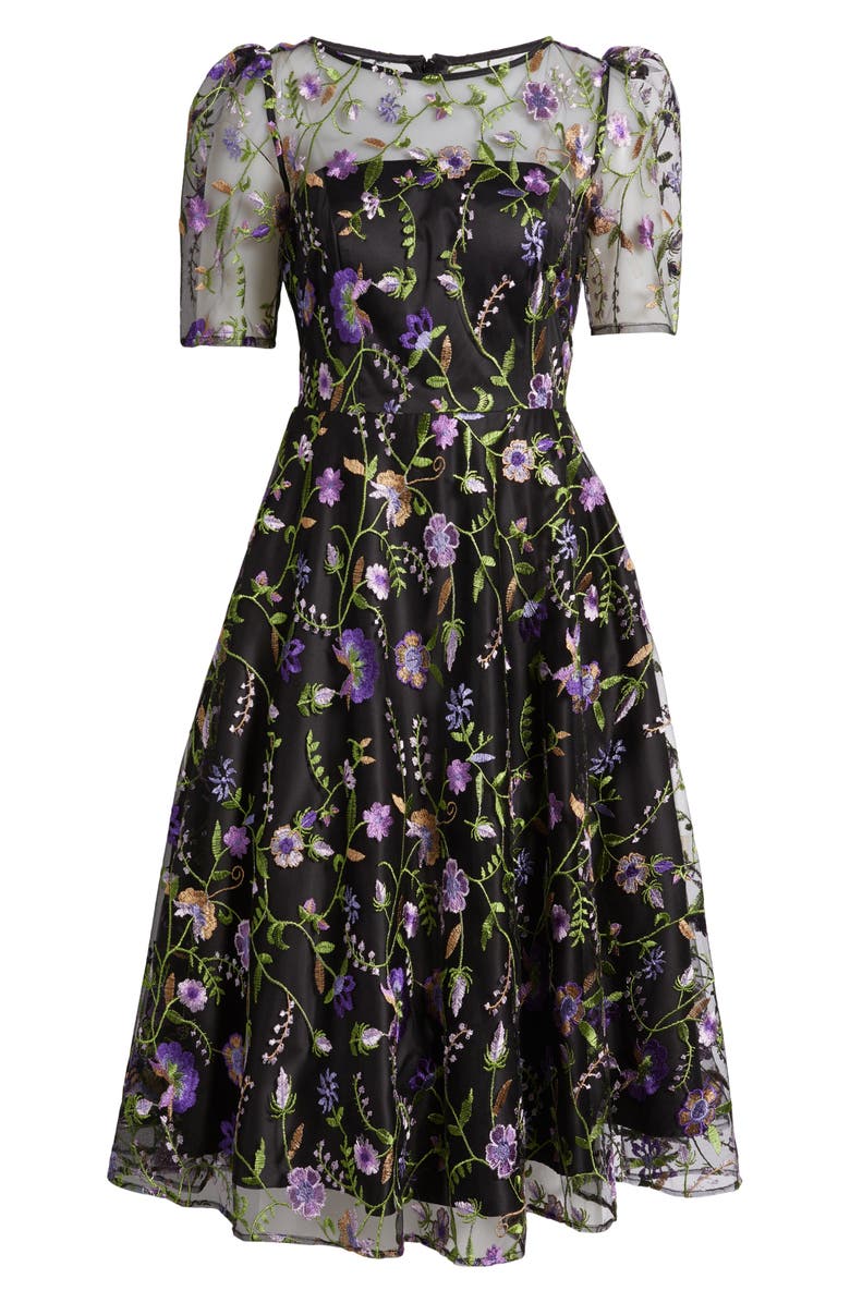 Eliza J Embroidered Illusion Neck Cocktail Midi Dress, Alternate, color, Black Purple