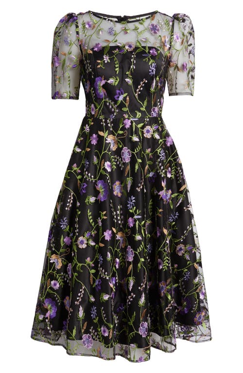 Eliza J Embroidered Illusion Neck Cocktail Midi Dress In Black Purple