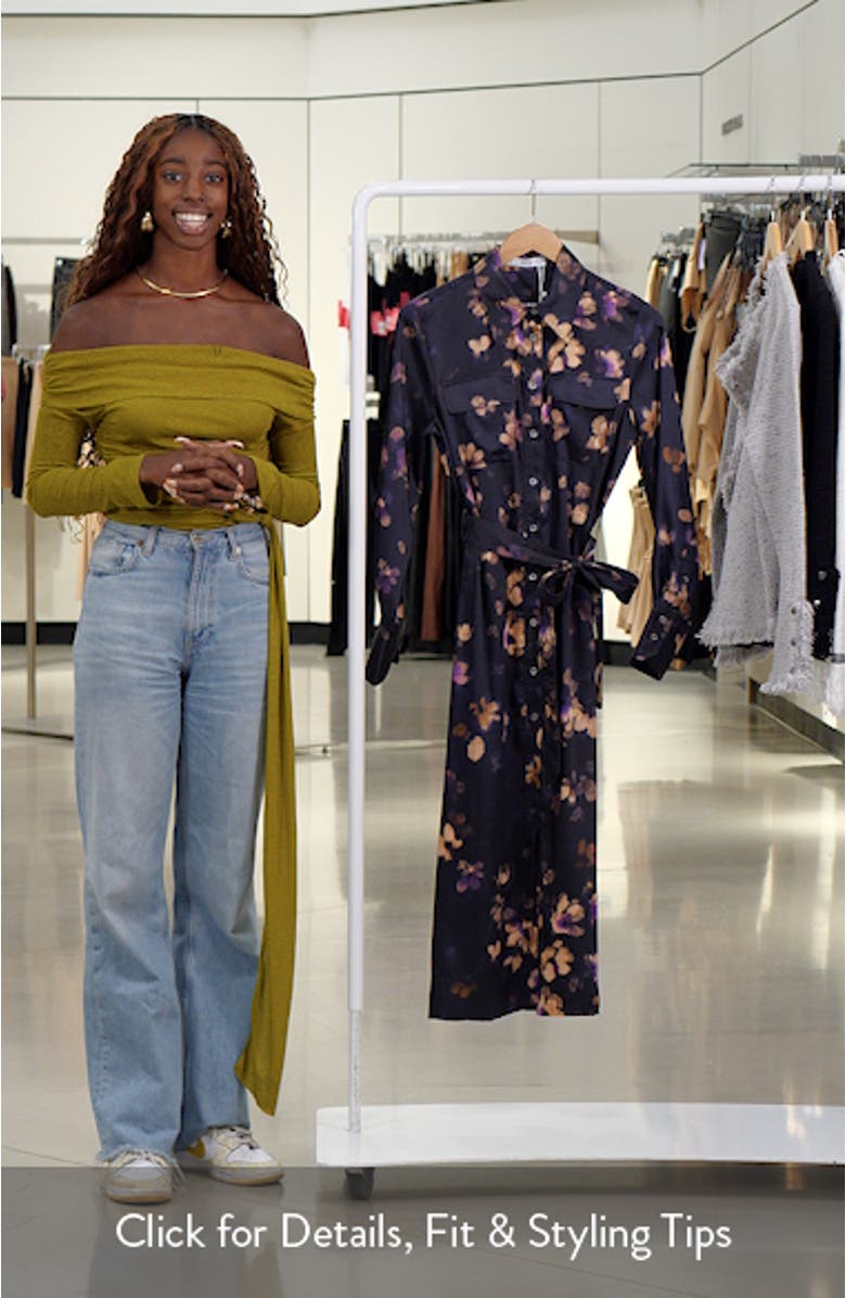 Floral Print Tie Waist Long Sleeve Midi Shirtdress, sales video thumbnail