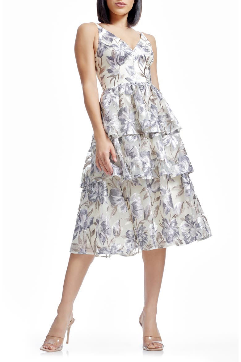 Lorelai Floral Embroidery Tiered Cocktail Midi Dress, Main, color, IVORY MULTI