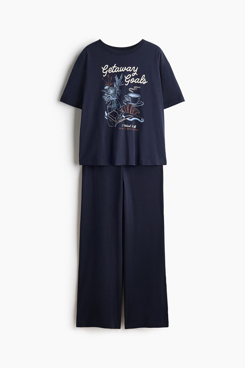 Printed Cotton Pajamas, Alternate, color, Navy blue/Getaway Goals