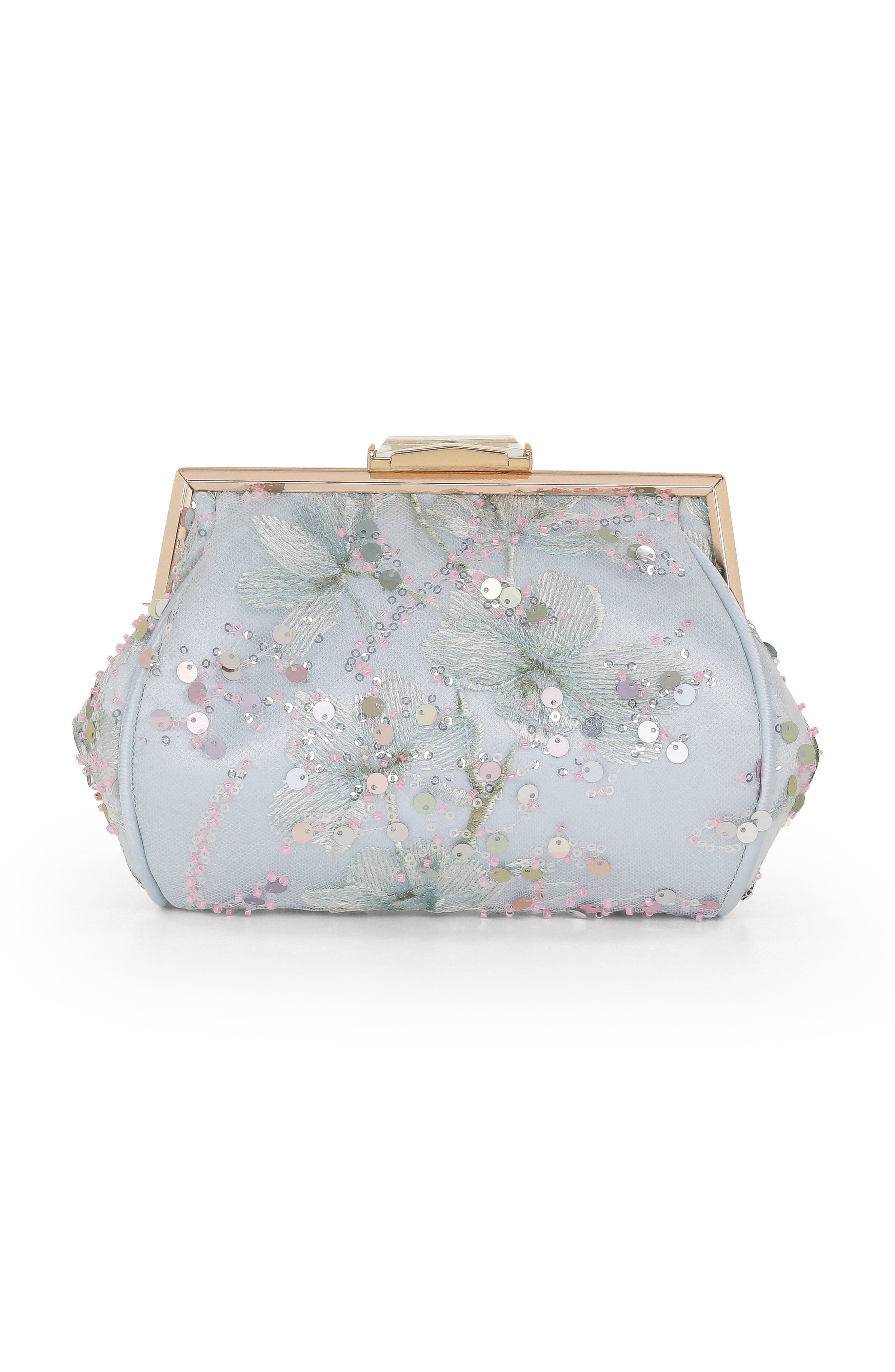Jewel Badgley Mischka Iris Floral Embroidered and Sequin Signature Pouch Clutch, Main, color, Blue