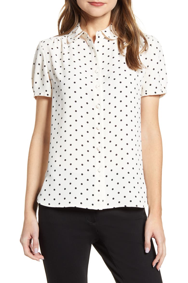 Dot Print Collared Short Sleeve Blouse, Main, color, ANNE WHITE/ ANNE BLACK