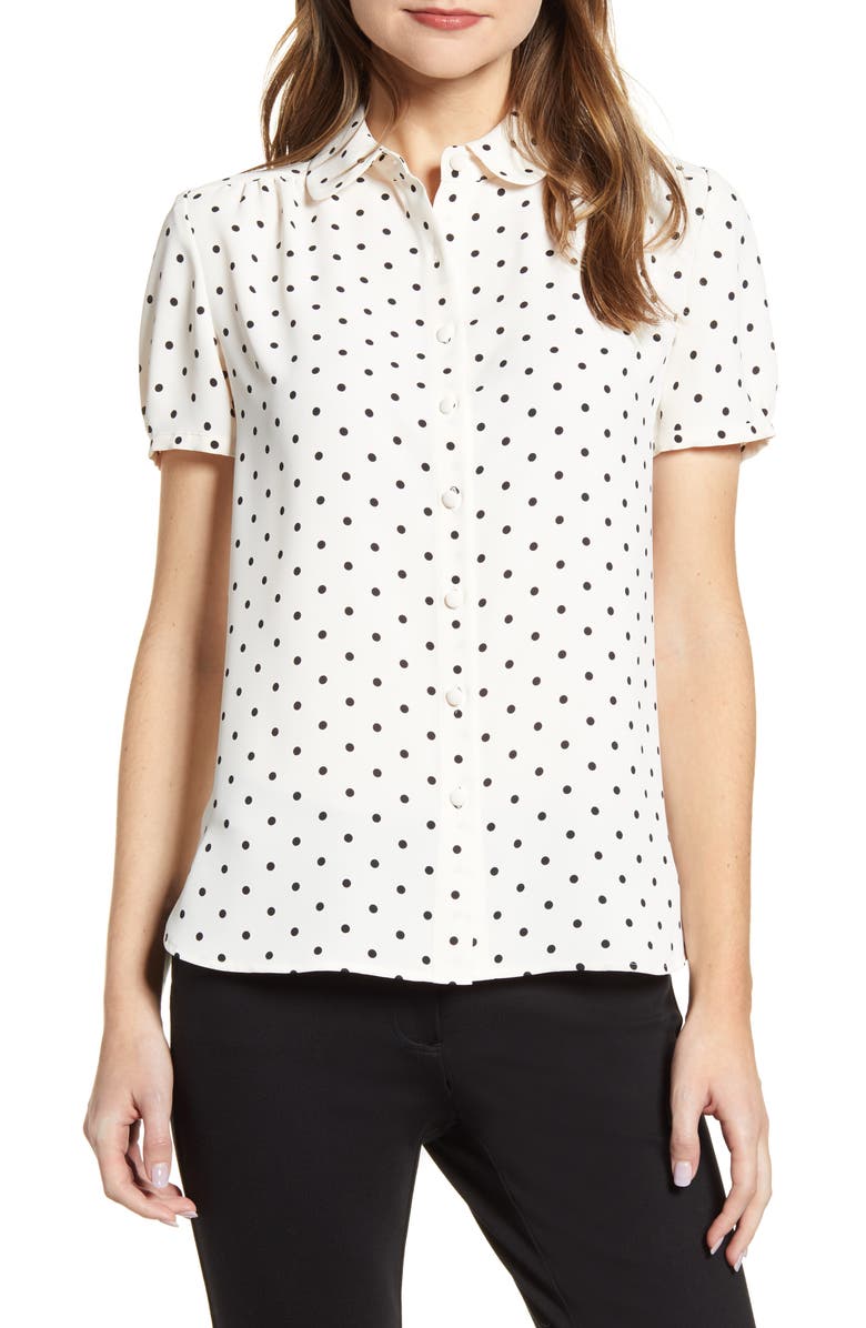 Anne Klein Dot Print Collared Short Sleeve Blouse, Main, color, Anne White/ Anne Black