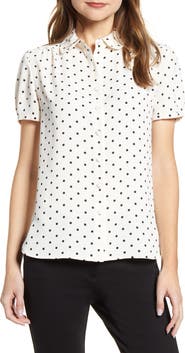 Anne Klein Dot Print Collared Short Sleeve Blouse