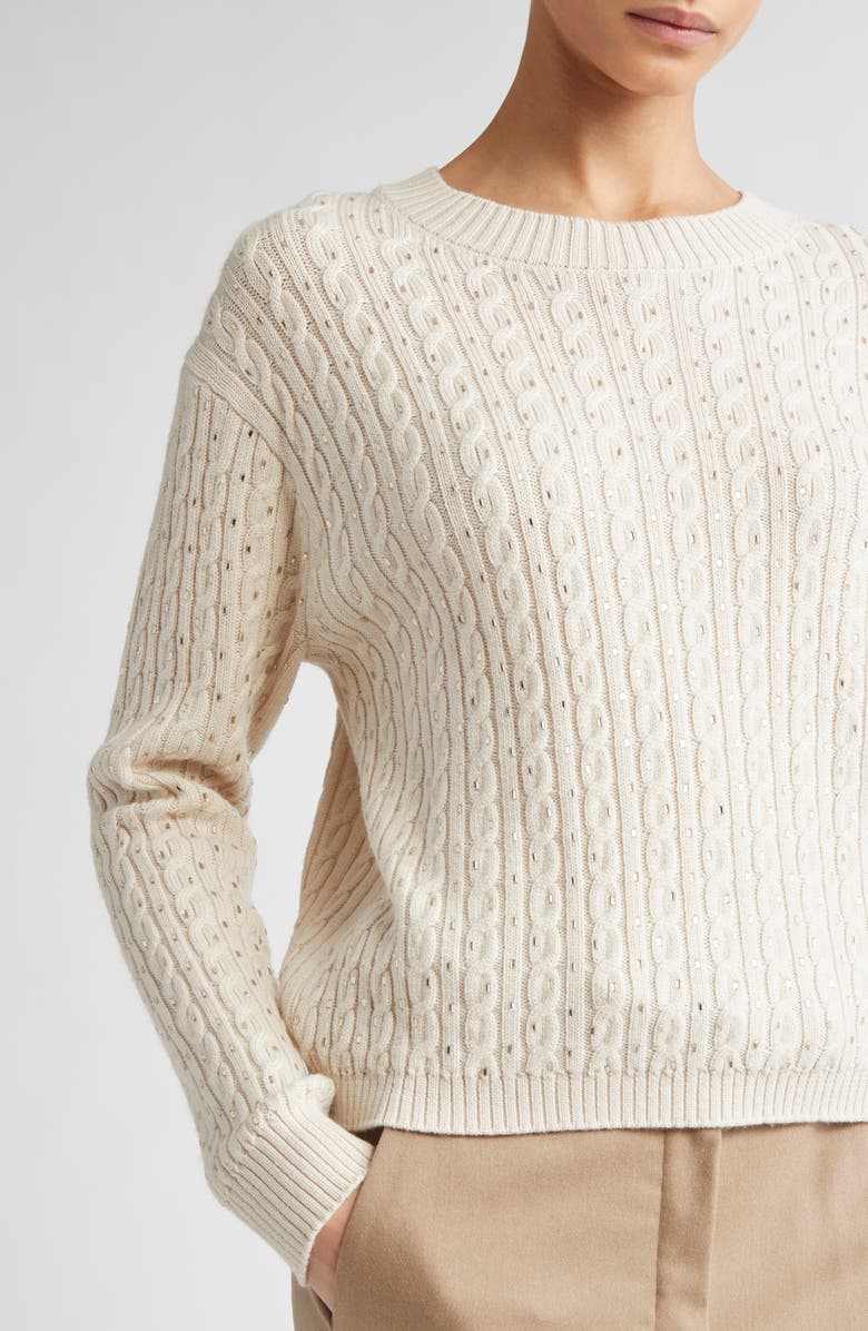 Max Mara Studio Ussuri Embellished Cable Wool Sweater, Alternate, color, Beige