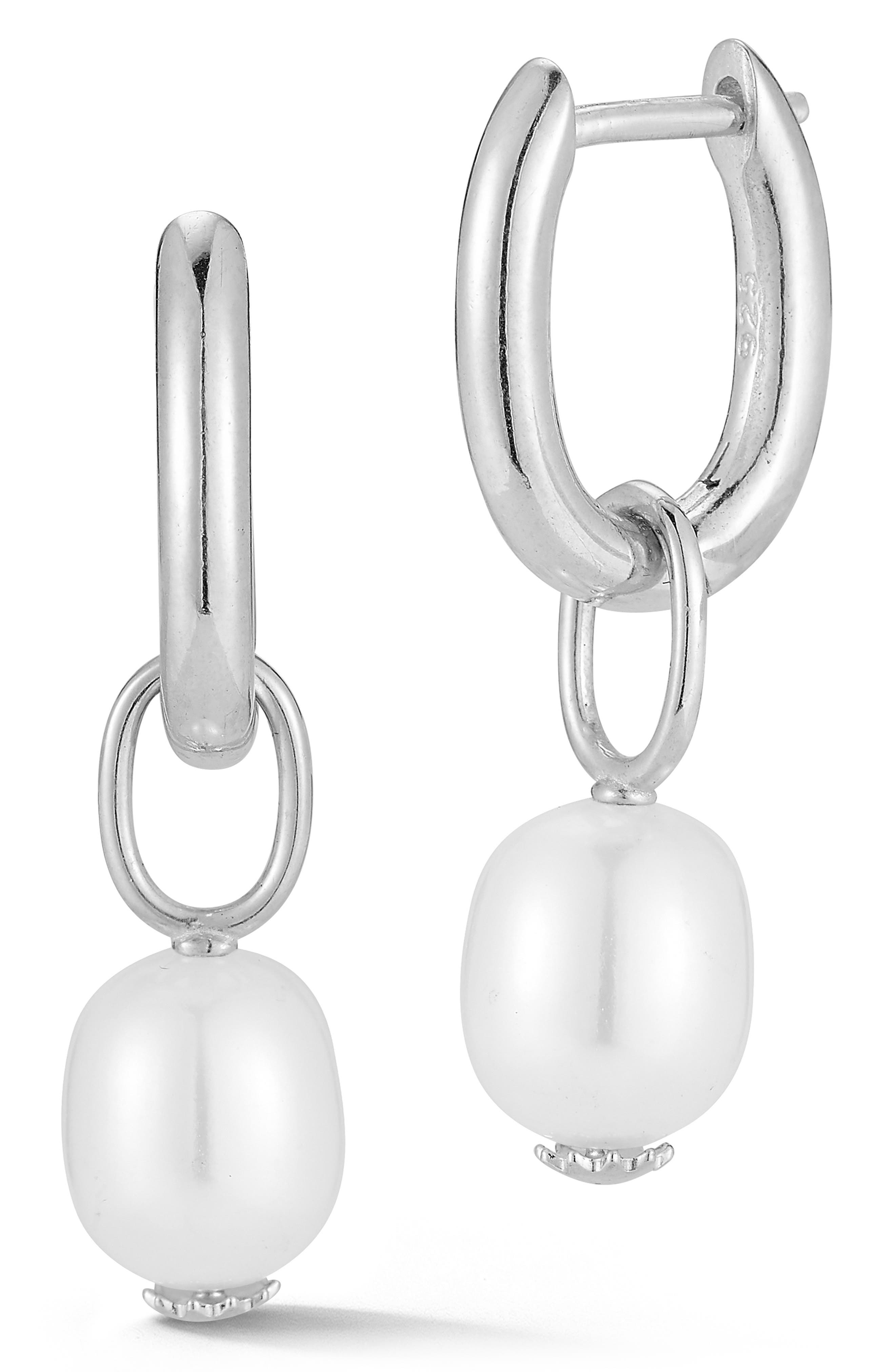 SPHERA MILANO Rhodium Plated Sterling Silver 7–7.5mm Cultured Pearl Drop Huggie Hoop Earrings