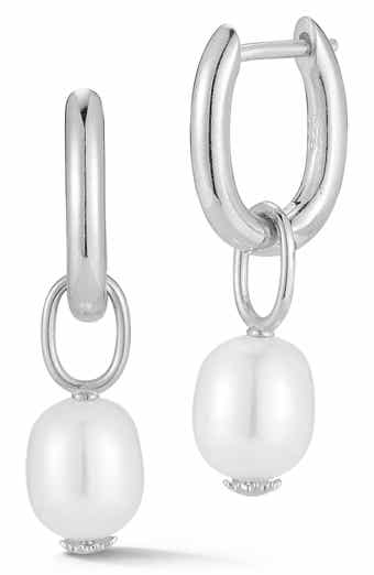Rhodium Plated Sterling Silver 7–7.5mm Cultured Pearl Drop Huggie Hoop Earrings