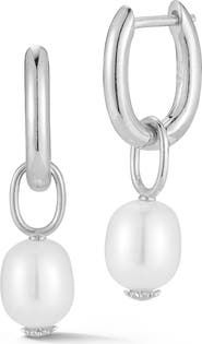 SPHERA MILANO Rhodium Plated Sterling Silver 7–7.5mm Cultured Pearl Drop Huggie Hoop Earrings