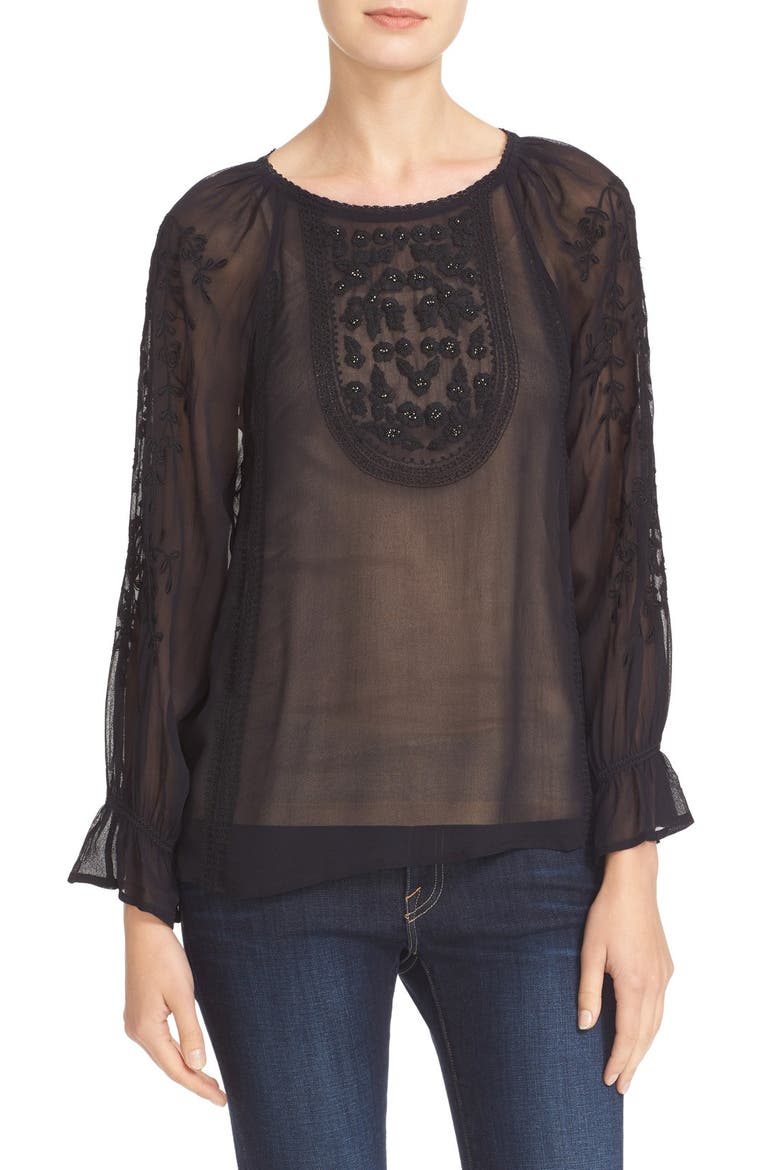 Metta Embroidered Peasant Blouse, Main, color, CAVIAR